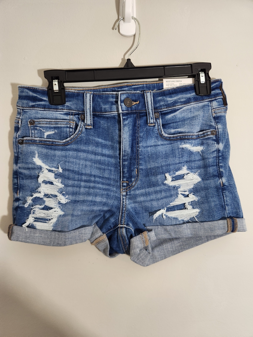 American Eagle Distressed Hi-rise Shorties Rolled Cuff Denim Shorts Stretch 2"